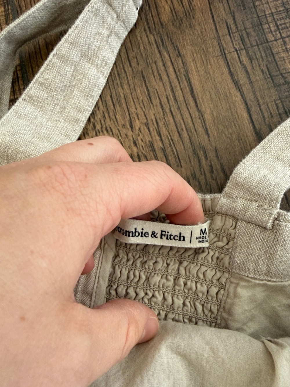 Abercrombie and Fitch Linen-Blend Ruched Squareneck Mini Dress in Beige - Picture 2 of 7